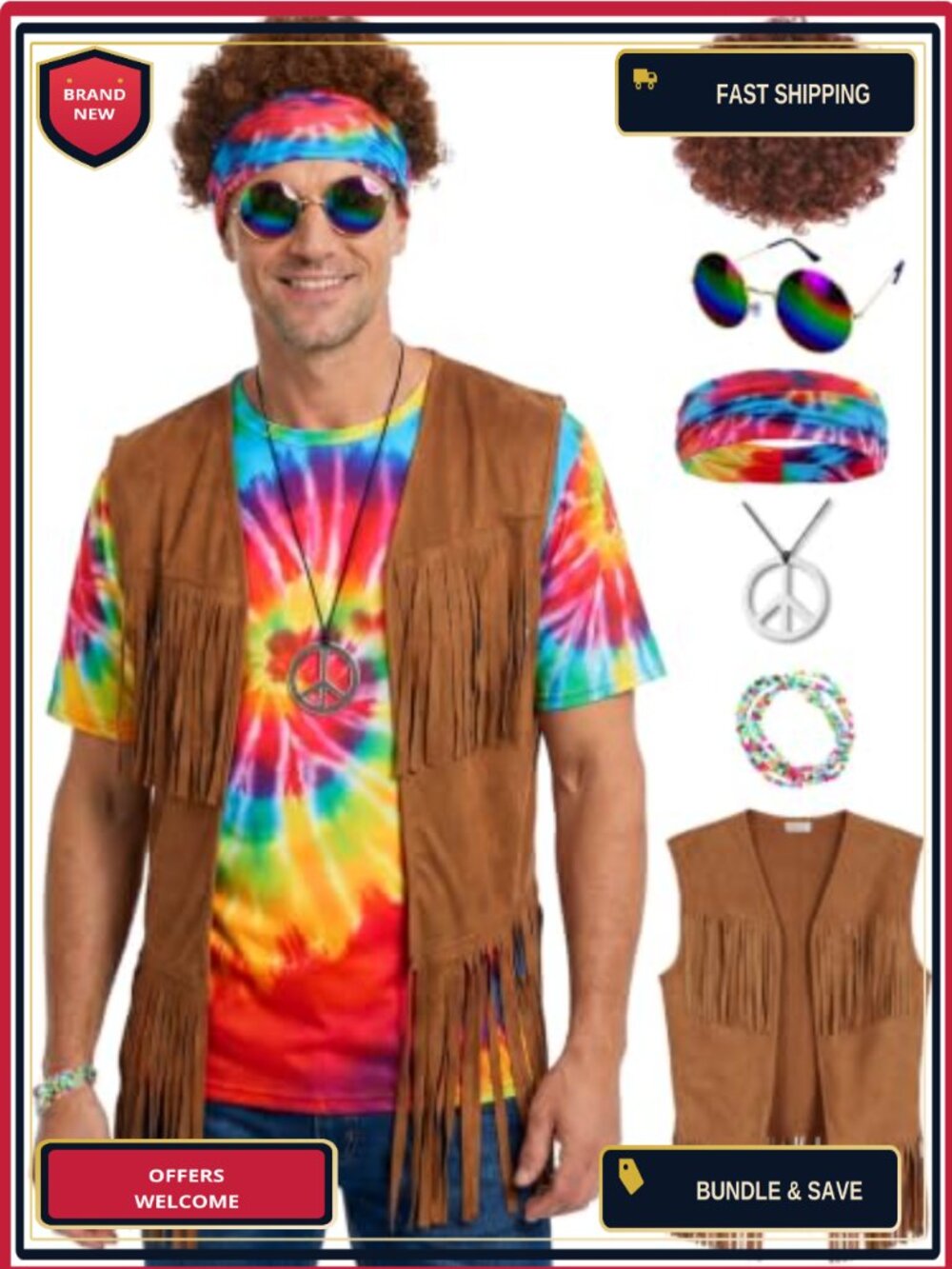 70s Hippie Costume Set Men 7-Piece Tie-Dye T-Shirt Fringe Vest Wig Halloween